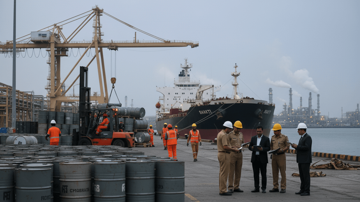 A group of Indian officials and delegates stand on a dock, reviewing documents. In the background, workers move oil drums and a large tanker ship is docked, with an oil refinery visible in the distance.