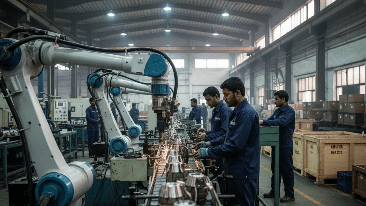 Indian factory workers in blue uniforms assemble grenades on a conveyor belt with robotic arms assisting.