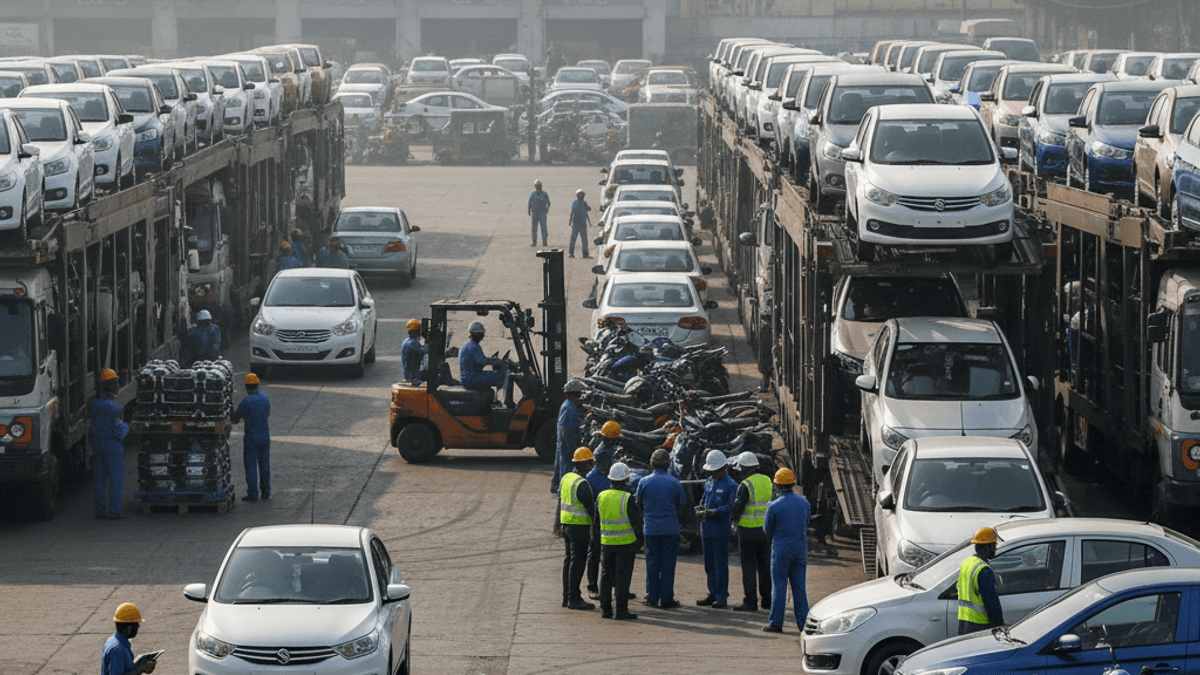 Wide shot of an Indian vehicle dispatch yard with workers loading new cars onto multi-level transport trucks.