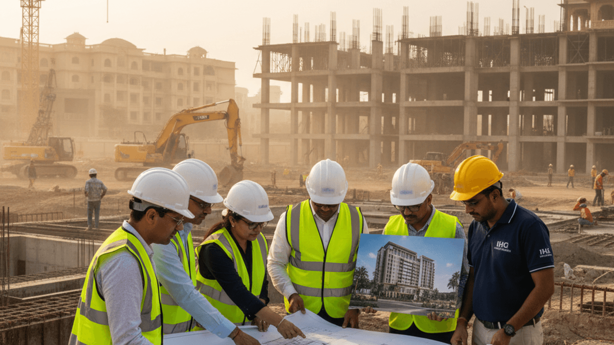 A group of five construction workers and engineers, some wearing hard hats and safety vests, examine large blueprints on a table at a dusty construction site in India.