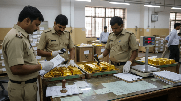 Three Indian customs officials in uniform are inspecting numerous gold bars on a wooden counter inside a brightly lit facility.