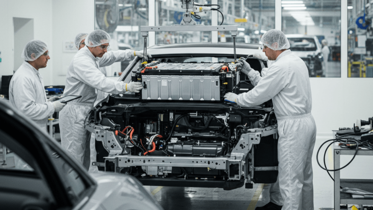 Four engineers in sterile white suits meticulously install a large, rectangular EV battery pack into a car frame on an assembly line.