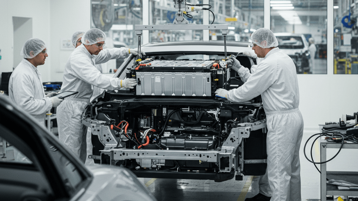 Four engineers in sterile white suits meticulously install a large, rectangular EV battery pack into a car frame on an assembly line.