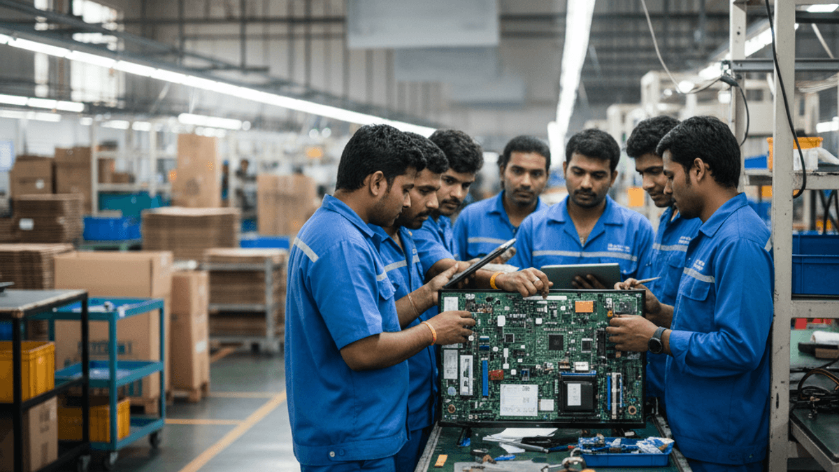 A group of Indian engineers in blue uniforms intently examining a large circuit board on a workbench in a factory.
