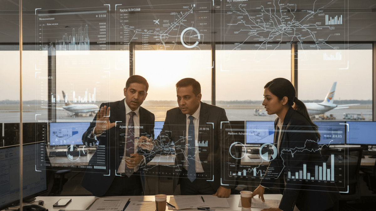 Three professionals in business attire discuss data on an office desk, with airplanes visible through a large window.
