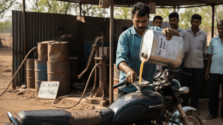 A man in a blue shirt pours liquid labeled "BIOFUEL" from a metal canister into a motorcycle's tank.