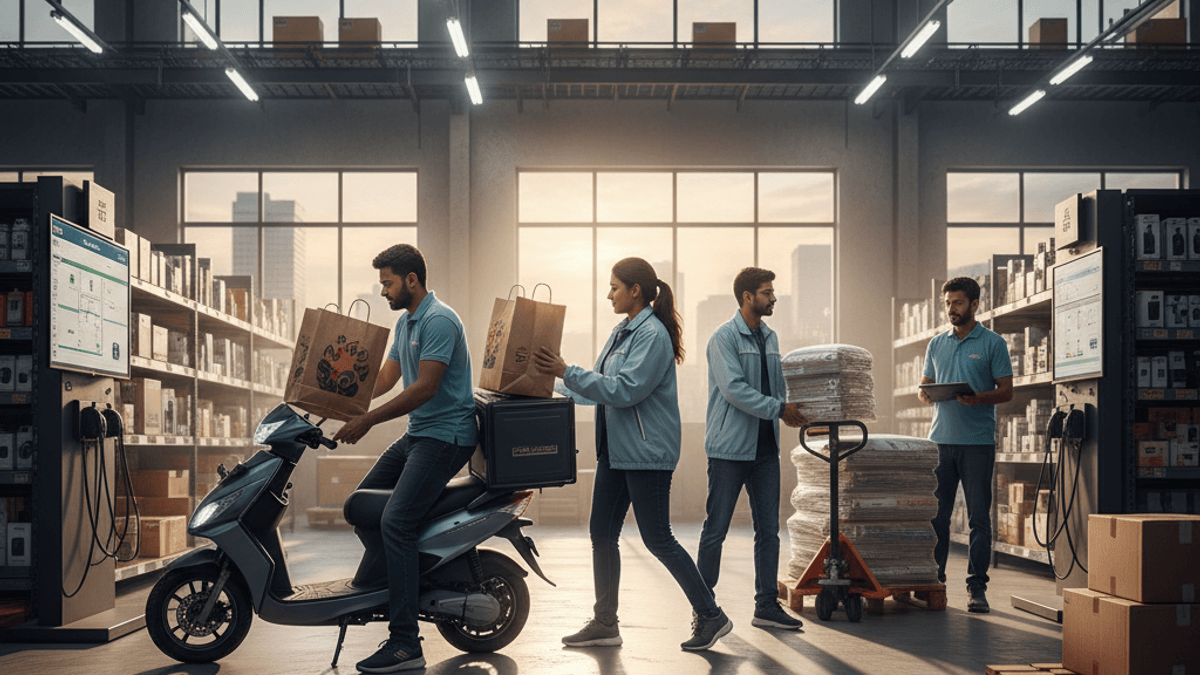 Delivery partners in a large, organized warehouse loading packages onto scooters and trolleys.