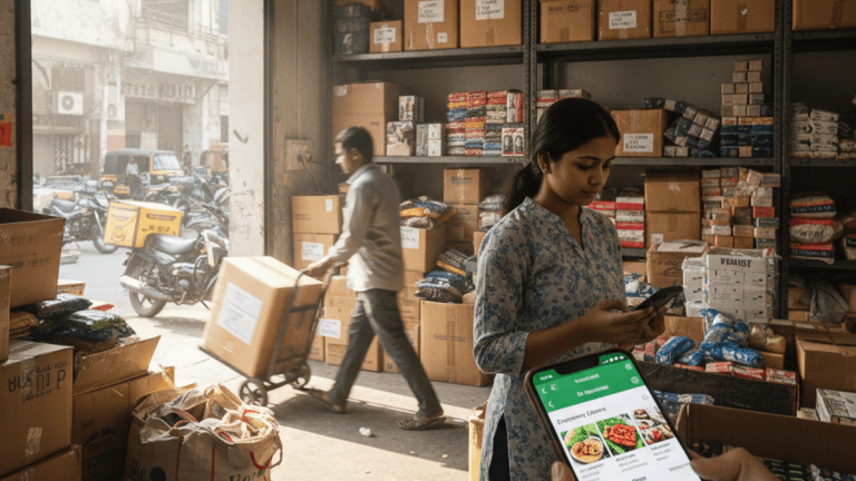 A woman uses a smartphone to manage orders in a busy, sunlit warehouse filled with boxes and products.