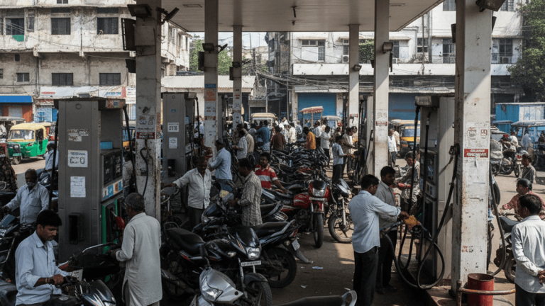 A wide shot inside a busy Indian petrol station with many motorcycles and people queuing at pumps.
