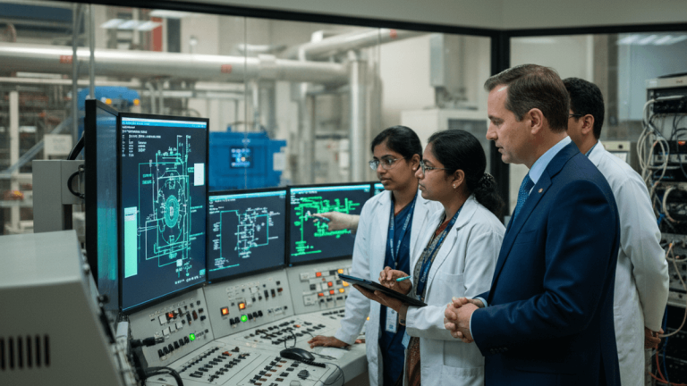 A US delegate in a suit with Indian scientists in lab coats observing complex schematics and data on multiple monitors in a control room.
