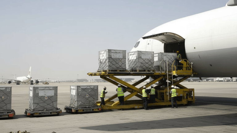 Workers in safety vests load large cargo containers onto a wide-body aircraft using a yellow scissor lift on a sunny tarmac.