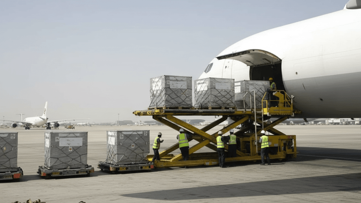 Workers in safety vests load large cargo containers onto a wide-body aircraft using a yellow scissor lift on a sunny tarmac.