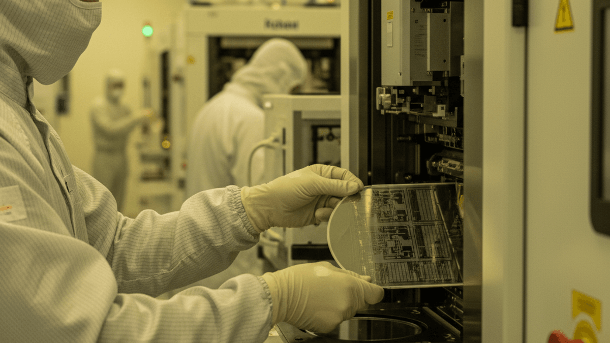 An engineer in a full cleanroom suit and gloves carefully places a silicon wafer into complex manufacturing machinery.