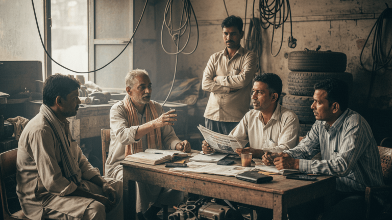 A group of Indian transport operators gathered around a cluttered wooden table in a dimly lit, worn garage, discussing documents and a newspaper.