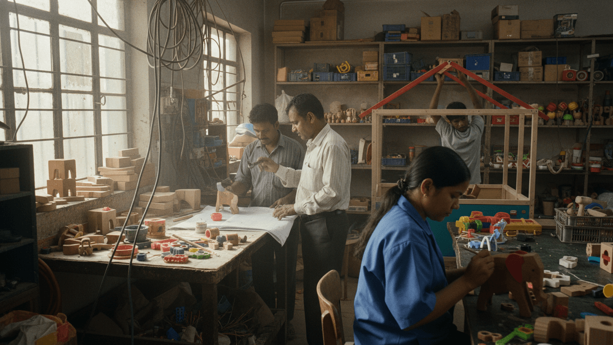 A candid, editorial shot of workers in an Indian toy factory, focused on their tasks amidst natural light and tools.