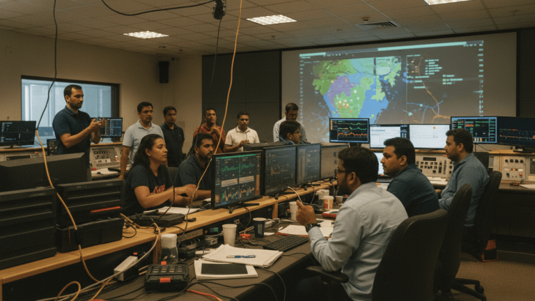 A candid shot inside a bustling media control room, diverse team members engrossed in screens displaying live broadcast metrics and geographical data.
