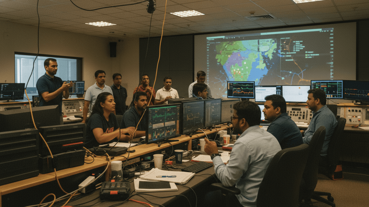 A candid shot inside a bustling media control room, diverse team members engrossed in screens displaying live broadcast metrics and geographical data.