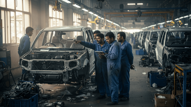 A group of auto workers in blue coveralls work on a vehicle frame on a bustling factory floor in India.
