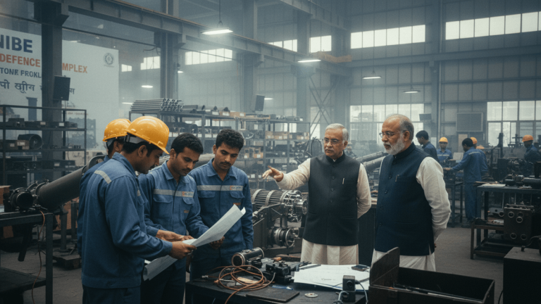 A group of engineers and executives reviewing schematics on a workbench inside a bustling, industrial manufacturing facility.