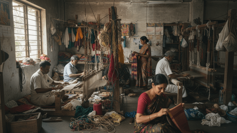 A candid shot inside a dimly lit textile workshop where multiple artisans are engaged in weaving and preparing sarees by hand.