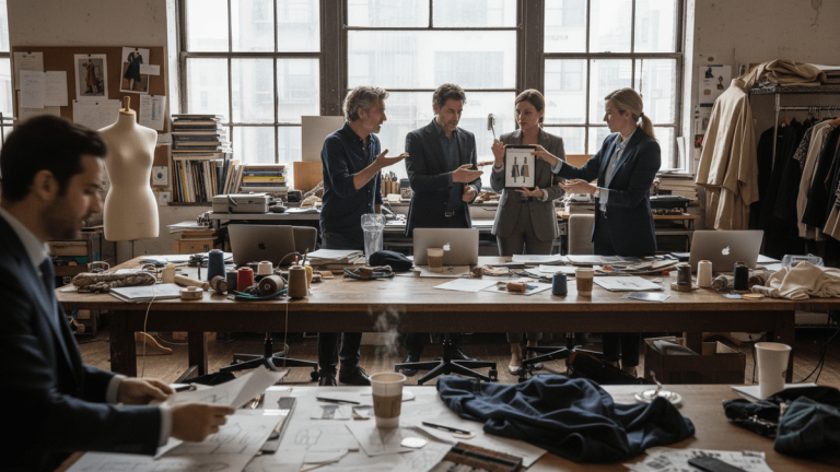 A candid, editorial shot of fashion designers and business executives collaborating in a naturally lit, cluttered studio.