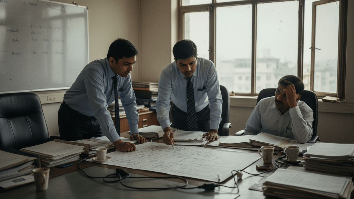 Three Indian financial executives in an operational, somewhat cluttered office, intensely discussing documents spread on a large table.