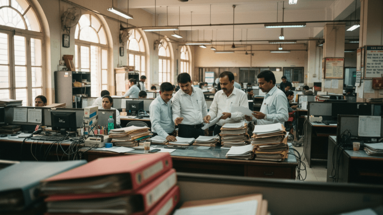 Candid shot of Indian bank employees in a busy, traditional office, reviewing stacks of documents, reflecting current financial trends.