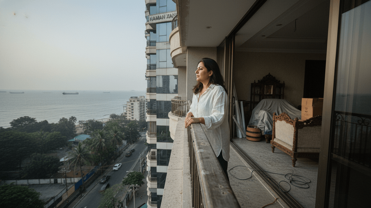 A woman in a white shirt stands on a high-rise balcony, gazing out at the ocean and city below with a contemplative expression.