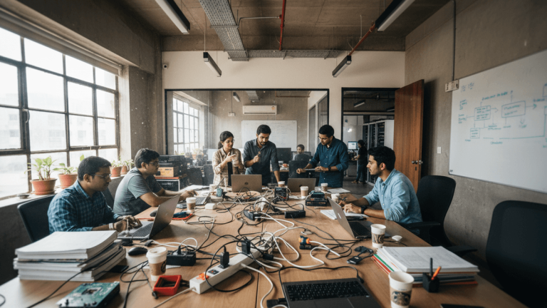 An authentic, candid editorial photograph capturing a bustling, lived-in tech office in India, with multiple individuals collaboratively working around a large, cable-strewn table.