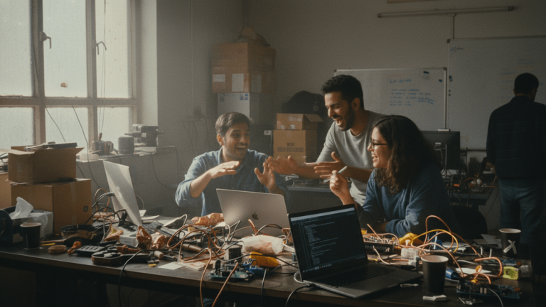 Three Indian startup employees, two men and one woman, animatedly discussing and gesturing around a cluttered desk with laptops and electronics.