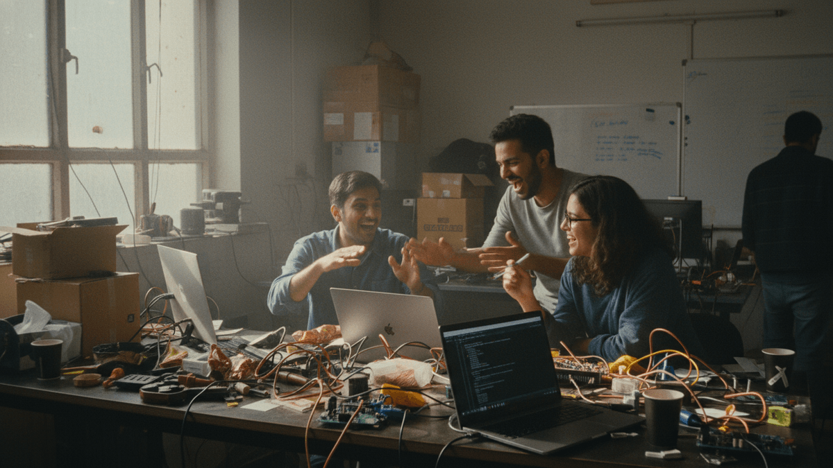 Three Indian startup employees, two men and one woman, animatedly discussing and gesturing around a cluttered desk with laptops and electronics.