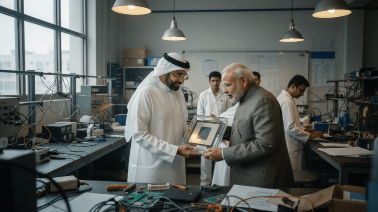 A candid moment between two leaders, one in traditional attire, presenting a framed superchip to the other in a suit, in a busy electronics lab.