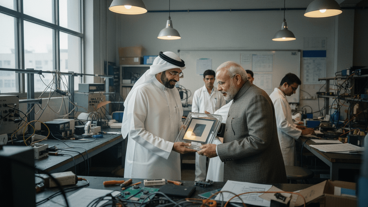 A candid moment between two leaders, one in traditional attire, presenting a framed superchip to the other in a suit, in a busy electronics lab.