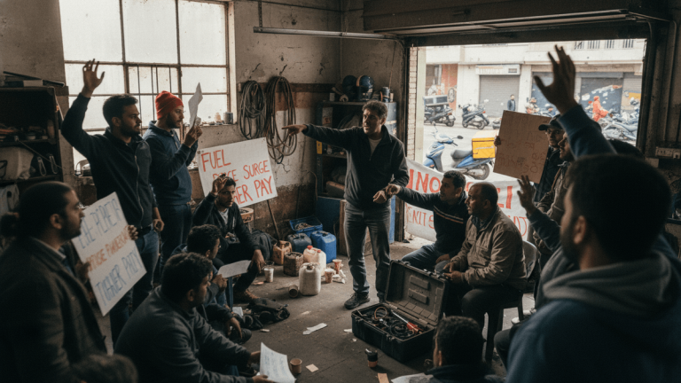 A group of male gig workers meeting in a disheveled garage, some holding signs and raising hands, discussing pay and fuel prices.