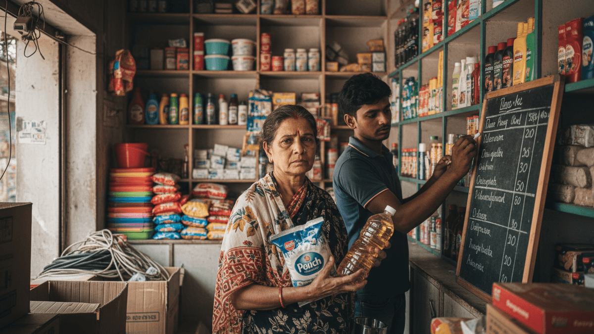 An older Indian woman holding cooking oil and a pouch of flour stands in a small, cluttered general store while a man updates a price board in the background.