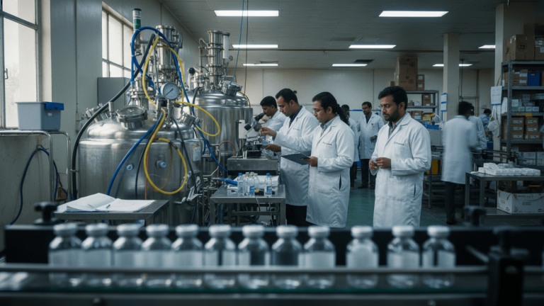 A group of scientists in lab coats work in a bustling pharmaceutical manufacturing facility, with large steel vats and conveyor belts.