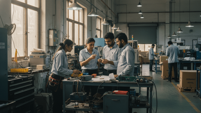 Four technicians, two men and two women, collaborate around a workbench filled with electronic components in a busy manufacturing facility.