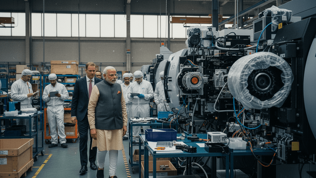 Indian Prime Minister Modi, in traditional attire, walks through a brightly lit, industrial cleanroom with ASML personnel in white suits.