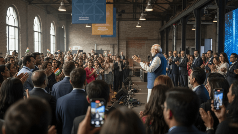 PM Modi on stage, gesturing to an enthusiastic crowd, some holding Indian flags, in a large industrial hall.