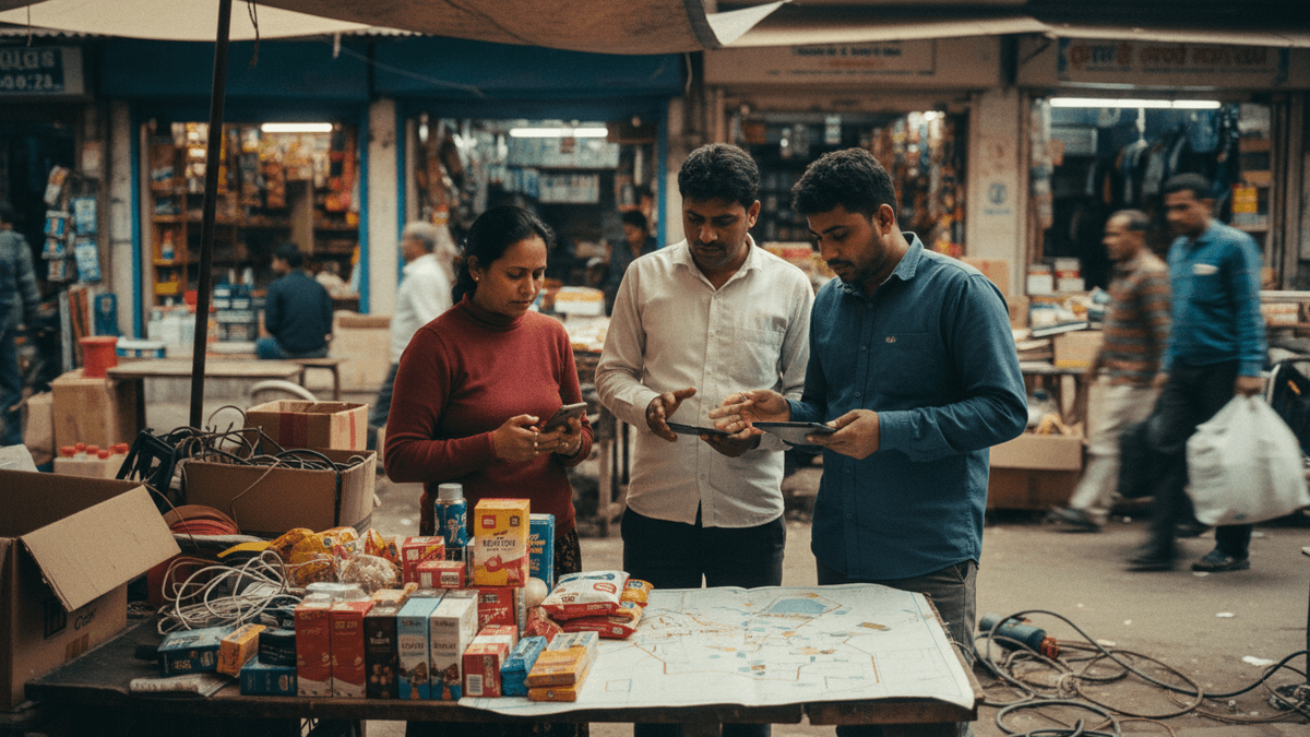 Three vendors, two men and one woman, stand around a stall in a busy Indian market, looking at phones and tablets.