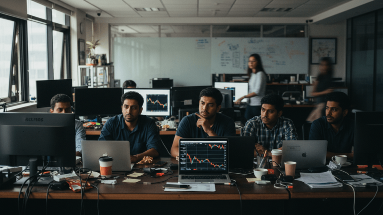 A candid, editorial shot of several Indian tech workers at their desks, monitors displaying stock charts. The office is busy with natural lighting.
