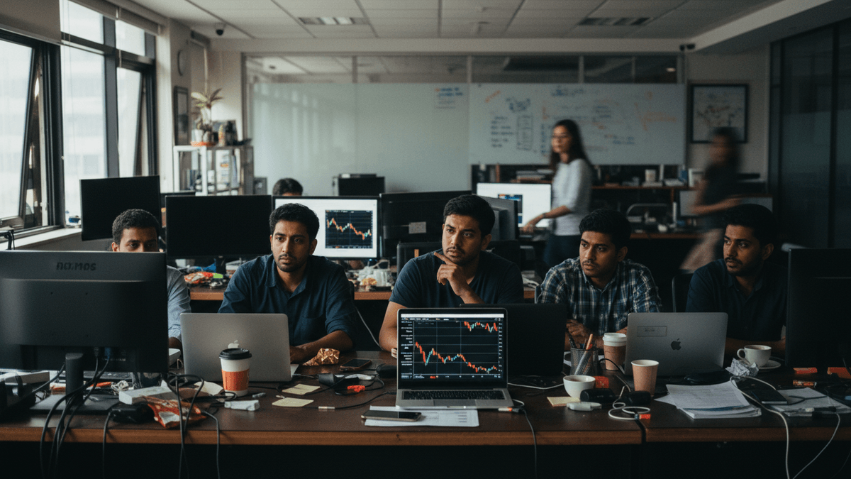 A candid, editorial shot of several Indian tech workers at their desks, monitors displaying stock charts. The office is busy with natural lighting.