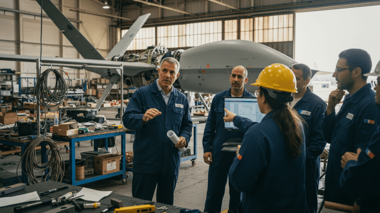 IAI Chairman Boaz Levy speaks with a group of engineers in a hangar, an unmanned aerial vehicle visible in the background.