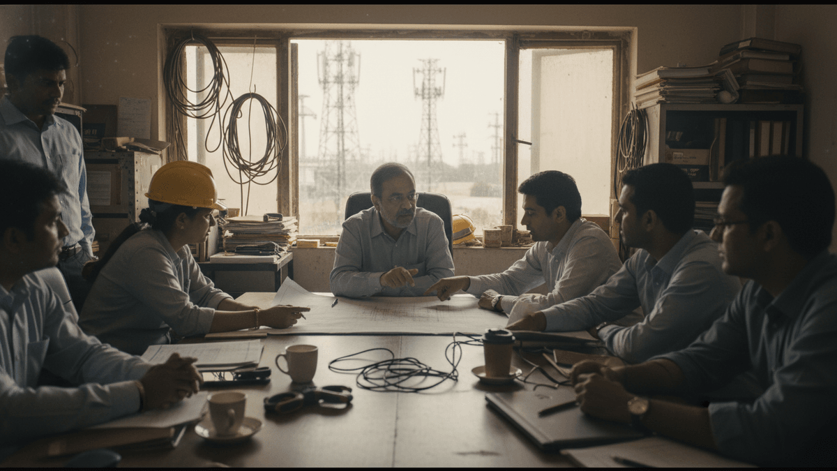 A group of Indian telecom executives, some in hard hats, gathered around a table with blueprints, a senior man pointing.