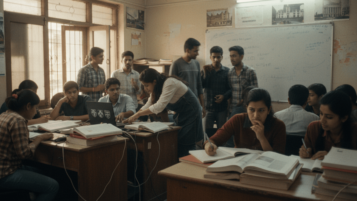 A candid, editorial shot of several Indian students in a naturally lit, slightly cluttered classroom, studying and collaborating.