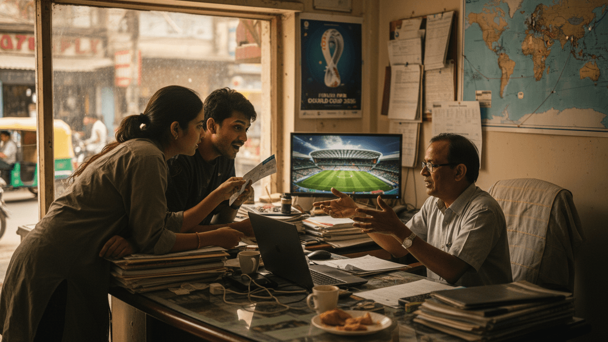 Three Indian individuals, two younger and one older, are engaged in a lively discussion around a cluttered office desk.