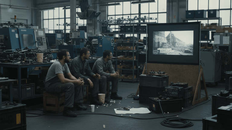 Three factory workers in a cluttered industrial setting are seated, watching a black and white film depicting wartime destruction on a large screen.