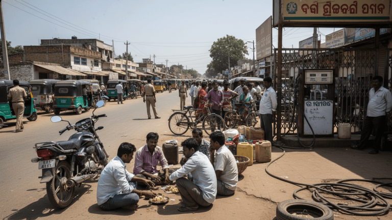 A group of men sit on the ground sharing food on a dusty street in Odisha, India, surrounded by motorcycles, jerry cans, and a busy marketplace with an empty fuel pump.