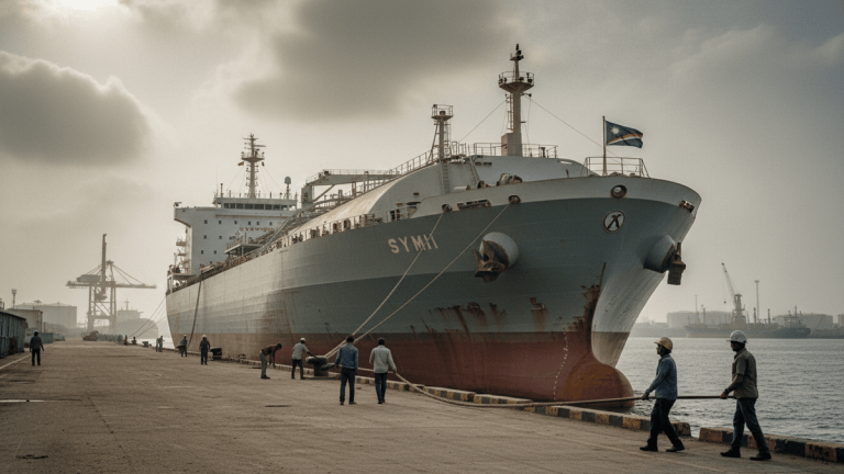 A large LPG tanker, "SYMI," docked at a port with several workers on the pier, under a cloudy sky.
