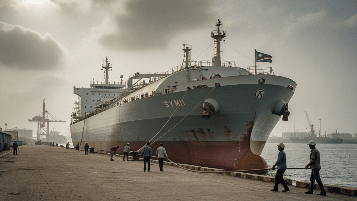 A large LPG tanker, "SYMI," docked at a port with several workers on the pier, under a cloudy sky.